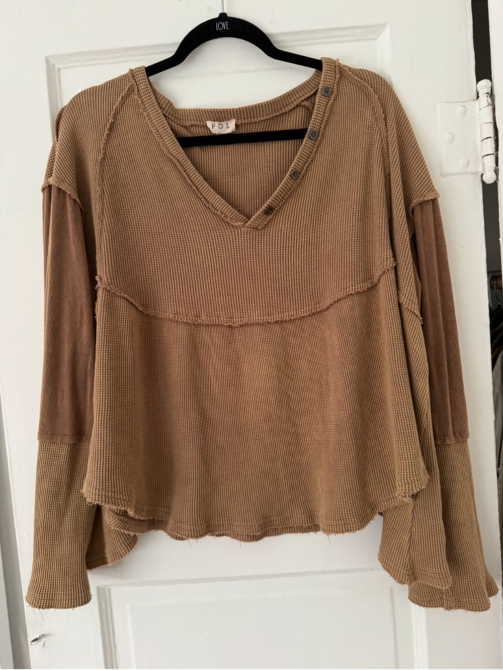 POL Waffle-Knit Long Sleeve Top in Camel